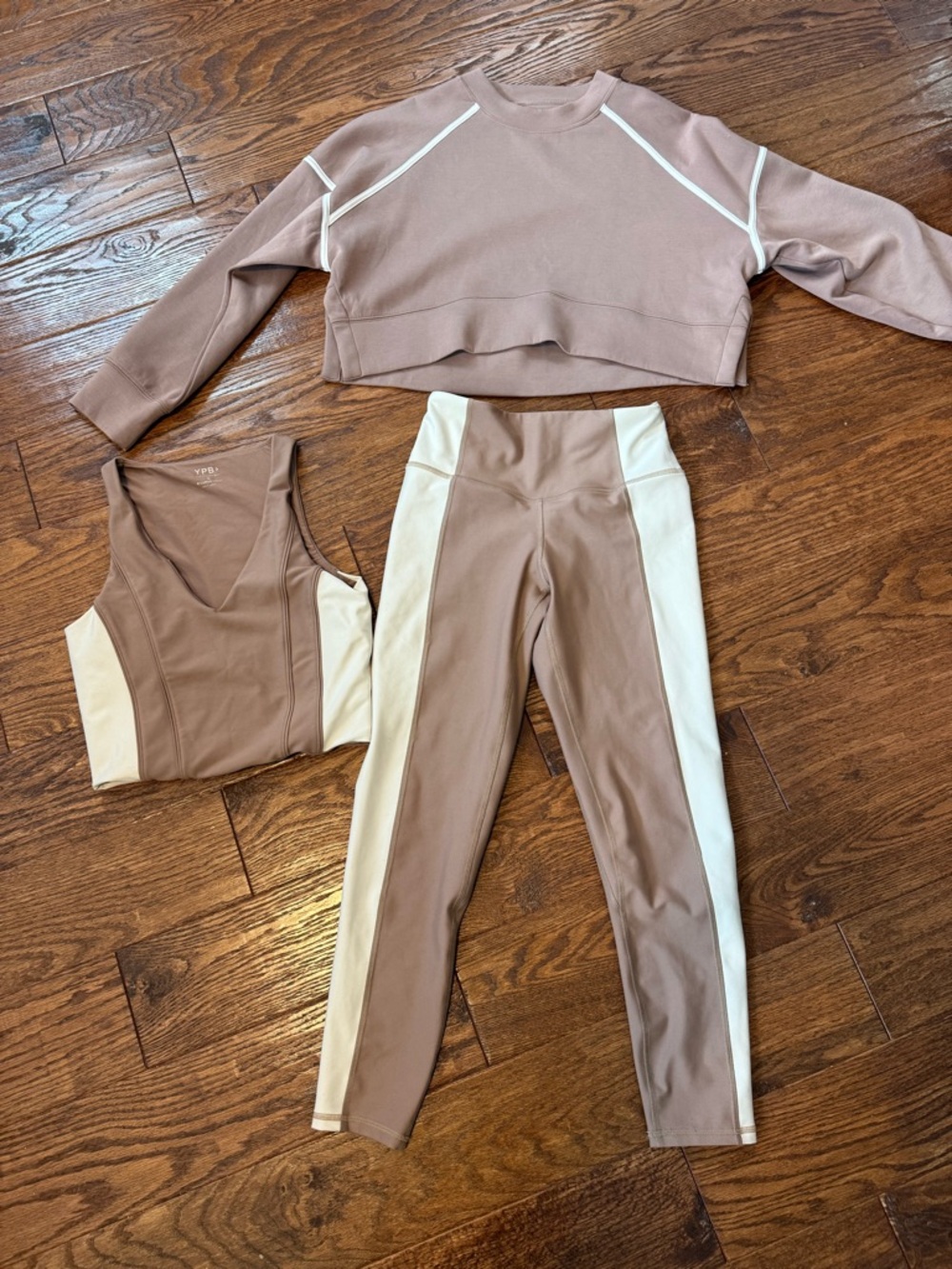 YPB Taupe and Cream Colorblock Activewear Leggings, Top and Sweatshirt set